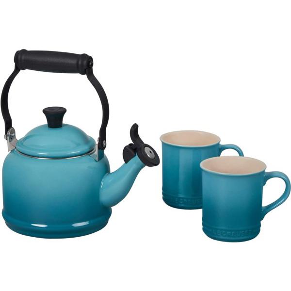 Le Creuset ル・クルーゼ　 笛吹デミケトル＆マグカップ2個セット　(カリビアンブルー)