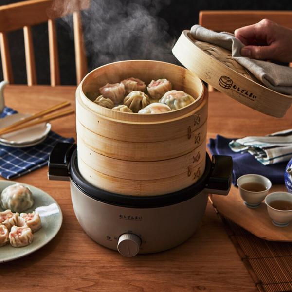 電気せいろ蒸し器 2段 むしざんまい Bamboo Steamer レシピブック付き 家庭用 グレー...