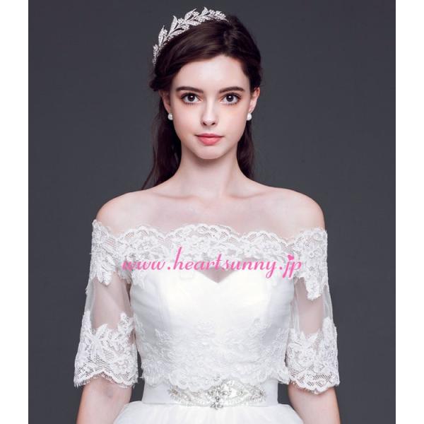 結婚式ボレロ 花柄レース オフショルダー5部袖 後ろ編み上げ P022