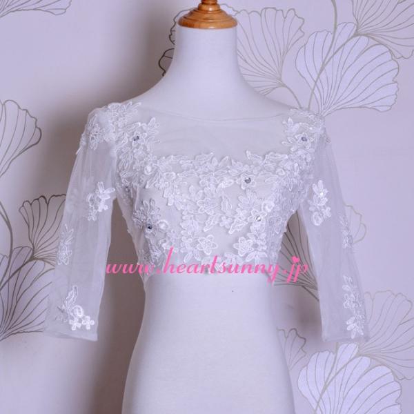 結婚式ボレロ 花柄レース ボートネック5部袖 後ろボタン留め P025