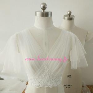 結婚式ボレロ 花柄レース 前後深Vネックパフスリープ