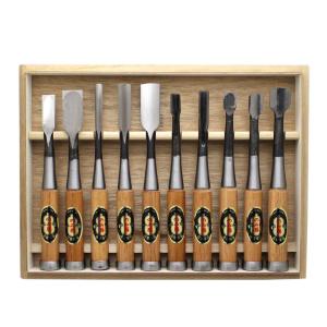 播州三木 磯野鑿製作所 キツネ 追入鑿 赤樫柄 一枚裏 10本組 箱入 大工