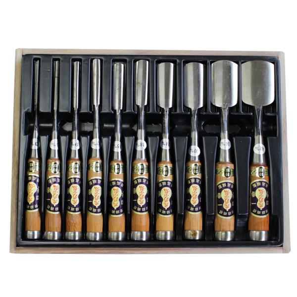 播州三木 岩崎のみ 左のぶ弘 赤樫 裏丸追入鑿 10本組 木箱入 鑿 セット