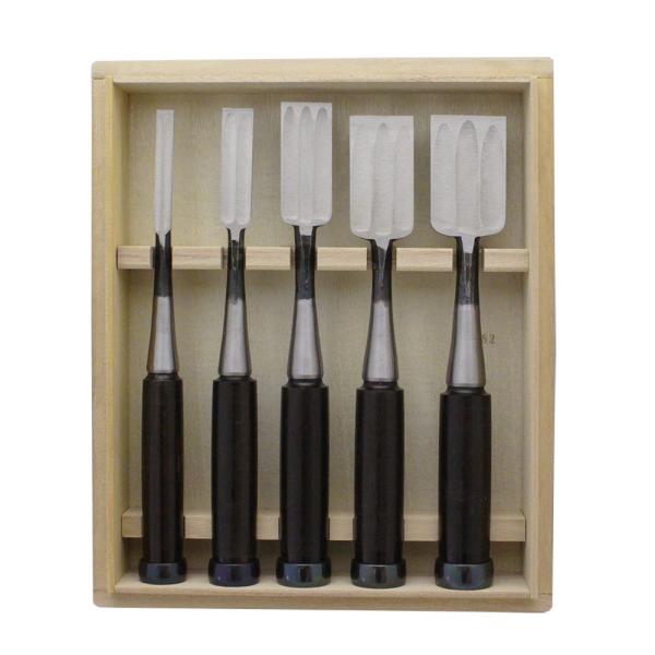 播州三木職人 木成追入鑿 黒檀柄 三枚裏 5本組(三分、五分、八分、一寸、寸二) 桐箱入 大工道具