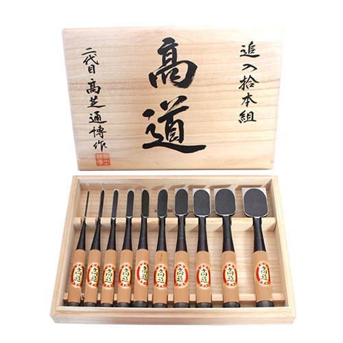 播州三木 高道 高芝郁夫鑿 追入のみ 白鋼 赤樫柄 10本組 桐箱入 一枚裏 黒裏 スリ合わせ無し ...