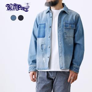 リメイク デニムシャツ USED加工 ヘビーオンス ペンキ加工 ビンテージ加工 ライトアウター 羽織り BLUE PORT ブルーポート メンズ ジャケット 羽織り アメカジ｜HEATH.INDUSTRIAL
