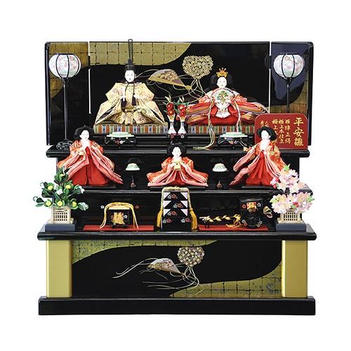 雛人形 ひな人形 五人・三段飾り 黒塗り台屏風が優雅で豪華な三段五人飾りぼんぼり電気付 平安大新 h...