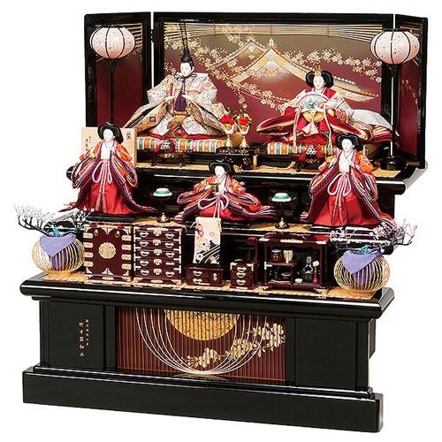 雛人形 衣裳着五人三段飾りセット 竹細工が美しい飾り台と屏風に映える豪華な三段五人飾り 平安大新 ひ...