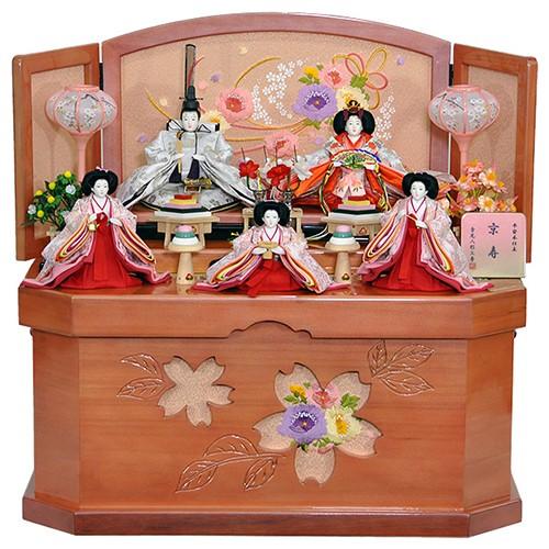 雛人形 ひな人形 収納飾り 五人・三段飾り コンパクト 六角収納箱 金襴衣装で揃えた五人のお雛様 平...
