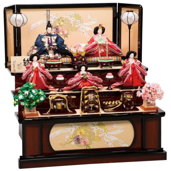 雛人形 ひな人形 お雛様 五人・三段飾り コンパクト 落ち着いた色合いの台に豪華な刺繍の衣裳が美しい...