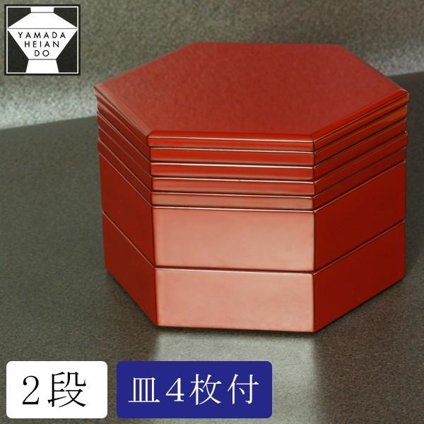 六角二段重 朱塗(取皿4枚付)　重箱/漆器