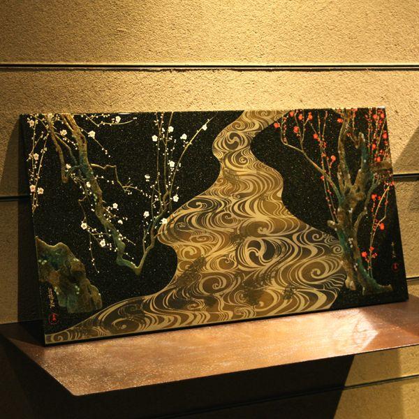 漆器 山田平安堂　額　紅白梅流水之図（光琳写）　法人ギフト/和室/インテリア