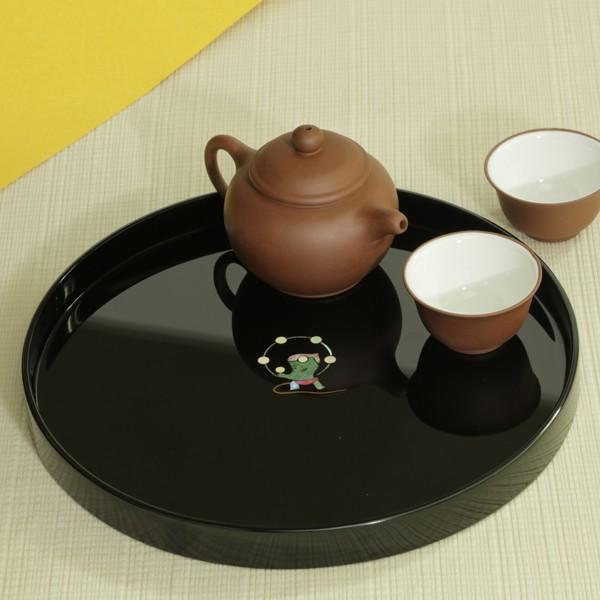 丸盆 雷神（黒）お盆　漆器　螺鈿