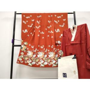 平和屋着物■極上　青々庵　撫松庵　七五三　女の子　7歳　祝着・長襦袢セット　兎花蝶文　丹色　洗える着...