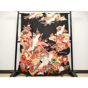 平和屋本店■極上　アンティーク　大正ロマン　振袖　駒刺繍　飛鶴御所車花文　暈し染め　黒地　逸品　CY...