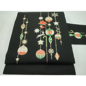 平和屋本店■極上 西陣 大光謹製 九寸名古屋帯 クリスマス オーナメント トナカイ 金糸 黒地 証紙...