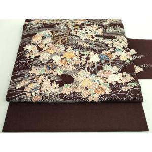 平和屋本店■極上　九寸名古屋帯　駒刺繍　御所解時　黒檀色地　鬼しぼ縮緬　逸品　DZAA8954kh5