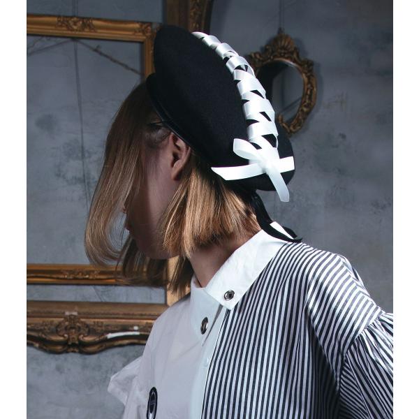 ベレー帽 帽子 レースアップ 編み上げ リボン ブラック ホワイト パープル HELLCATPUNK...