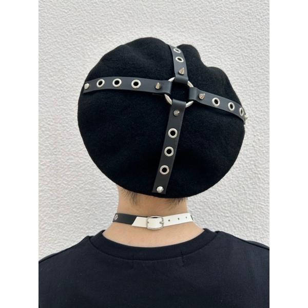 帽子 ベレー帽 ハトメ リング ベルト スタッズ ブラック Fサイズ ユニセックス HELLCATP...