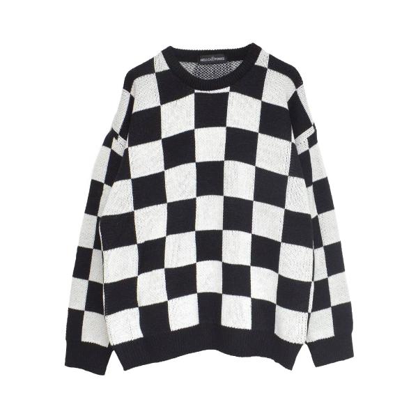 ニット セーター 長袖 チェック ブロックチェック モノトーン ブラック ホワイト レディース HE...