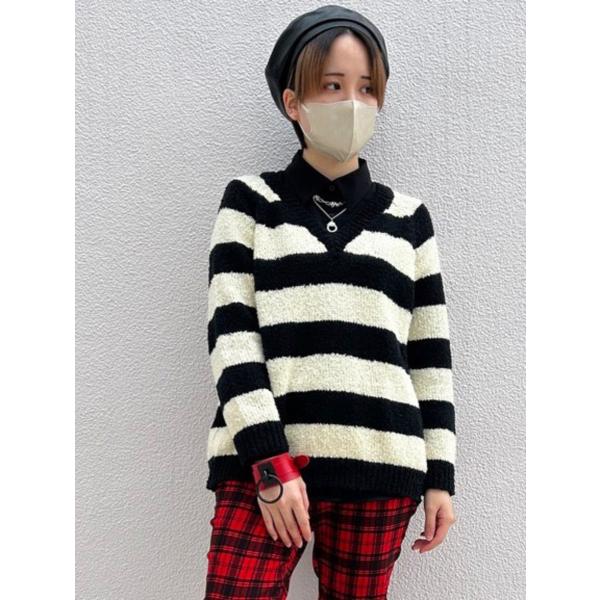 ニット セーター 長袖 Vネック ボーダー ブラック ホワイト Fサイズ レディース HELLCAT...