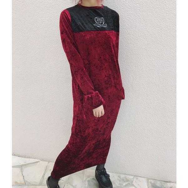 ワンピース レディース トップス ロング丈 マキシ丈 長袖 フリーサイズ ベロア 刺繍 HELLCA...
