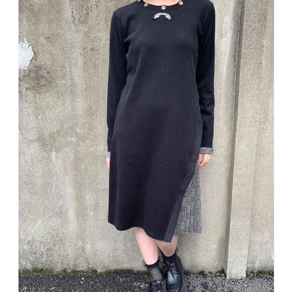 ワンピース レディース プリーツ 長袖 ブラック 切替 チェック ワンポイント HELLCATPUN...