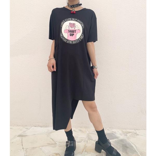 ワンピース レディース 半袖 ブラック ホワイト ロング丈 マキシ丈 アシンメトリー プリント HE...