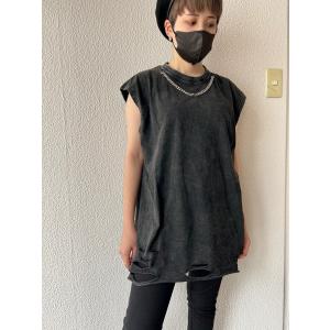 Tシャツ ノースリーブ チェーン ピグメント ダメージ ブラック Fサイズ ユニセックス HELLCATPUNKS ヘルキャットパンクス チェーン付きノースリーブTシャツ｜hellcatpunks