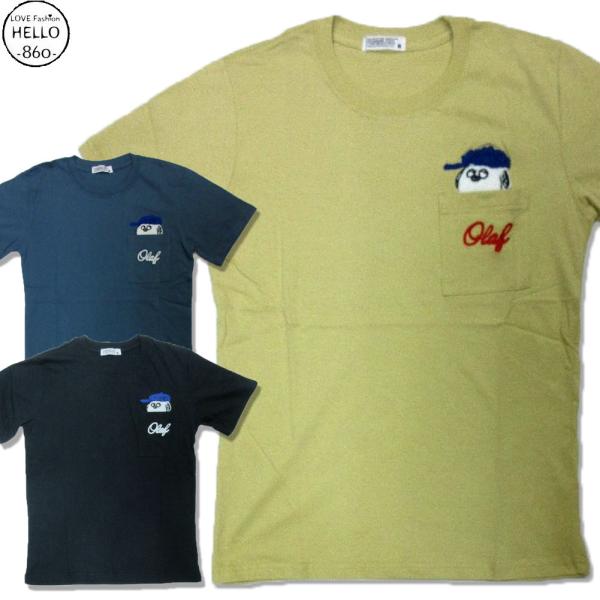 スヌーピー 半袖 Tシャツ メンズ 天竺 胸ポケット付き オラフ 実はベロ出し 柄 サガラ刺繍 チェ...