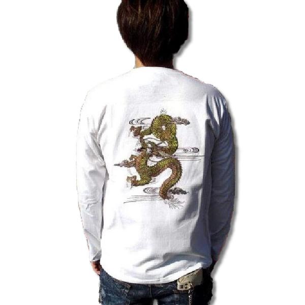 和柄 刺繍 Tシャツ メンズ 長袖 ロンT 是空 龍 / bia601