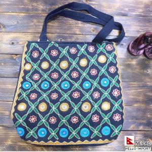 ネパール 花葉と丸ミラーの刺繍トートバッグ アジアン エキゾチック 鞄 エスニック ファッション  /nepa-ba03｜hello-import