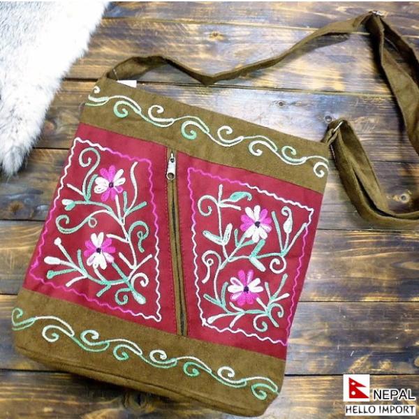 ネパール トートバッグ アジアン エキゾチック ファッション 花柄 ボタニカル柄 軽量 茶紅 エスニ...