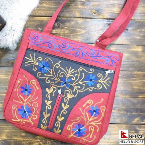 ネパール トートバッグ アジアン エキゾチック ファッション 花刺繍 軽量 赤  エスニック /ne...