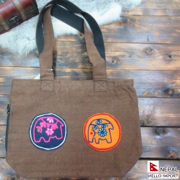ネパール 象ワッペン トートバッグ アジアン エキゾチック ファッション 茶 ブラウン エスニック ...