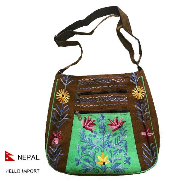 ネパール スエード ボタニカル柄 肩掛けショルダーバッグ アジアン エキゾチック ファッション エス...