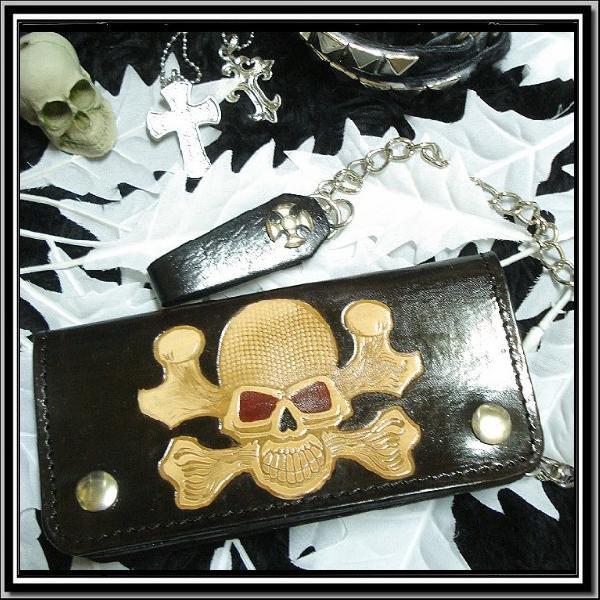 売り切れ /パンク/ロック/ベルトループ/チェーン付/切り株スカル柄/長財布/メンズ/黒/pawx/...