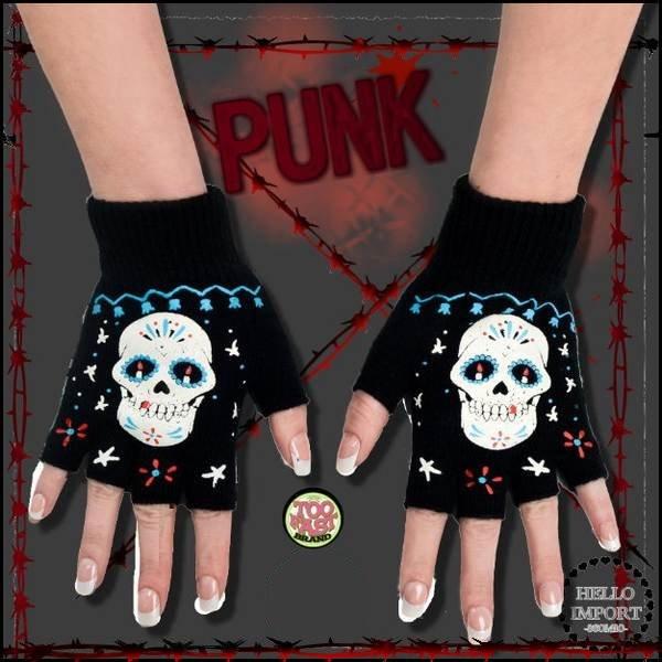 ホラーパンク 指なし 5本指 フィンガーレス手袋 カラフルシュガースカル柄 ファッション  再入荷/...