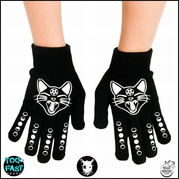 オカルトパンク 5本指手袋 月満ち欠け＆ネコちゃんニャーん柄 ファッション ユニセックス/rfo30...