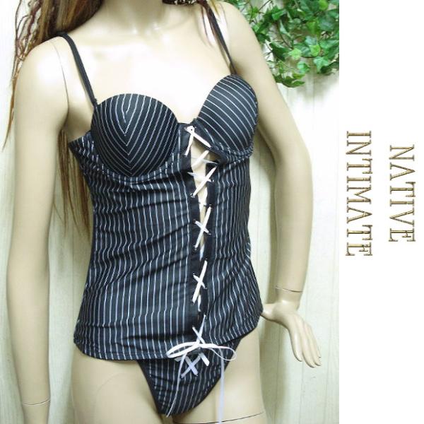 USAインポート ランジェリー ビスチェ Tバックショーツ セット ピンストライプ柄  /wob01...