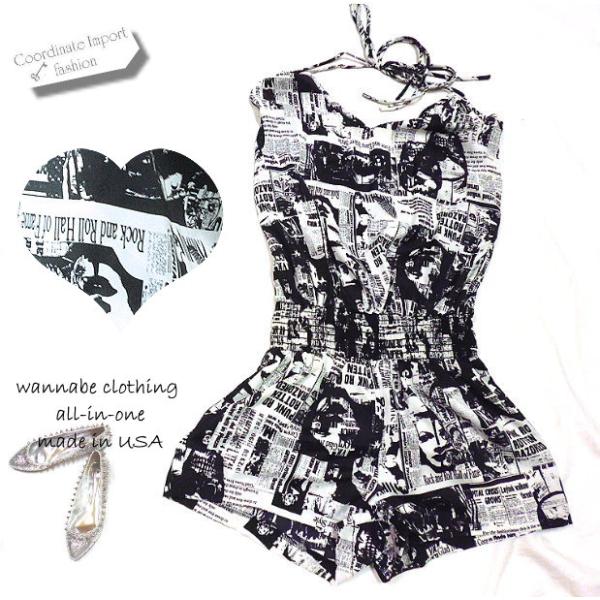 オールインワン サロペット レディース ショートパンツ スカル柄 マガジン柄 総柄 個性的 かっこい...