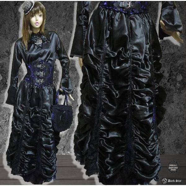 マキシ丈 ロング ルーシュド スカート 黒 紫 ゴシック ファッション 服 /wosk029