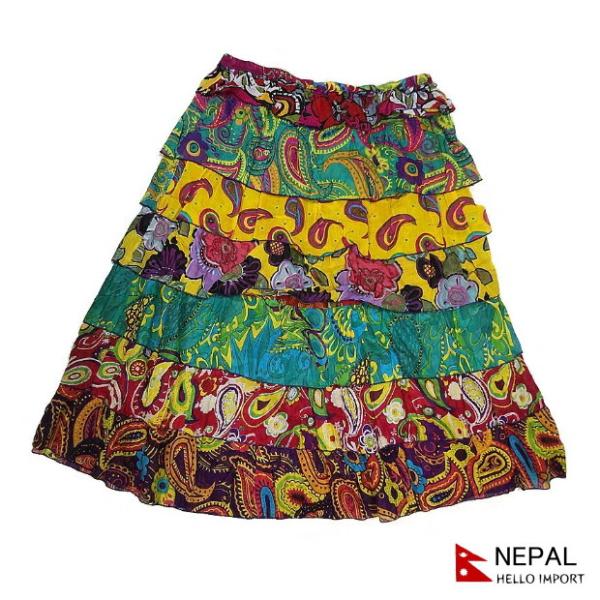 ネパール ティアード マキシ丈 スカート 花柄×勾玉 夏 サマー レディース アジアン ファッション...