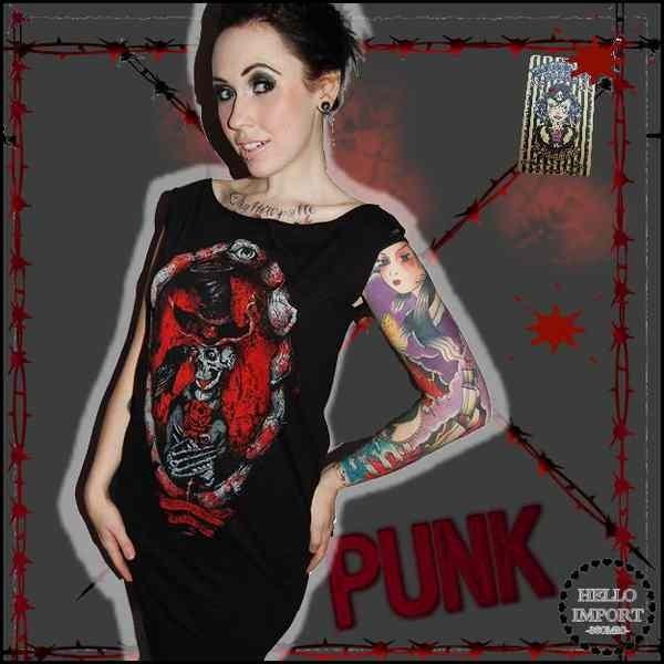 ラスト1 廃盤 薔薇抱く髑髏の目玉喰らうカラス柄 ロング丈Tシャツ パンク ホラー ファッション 入...