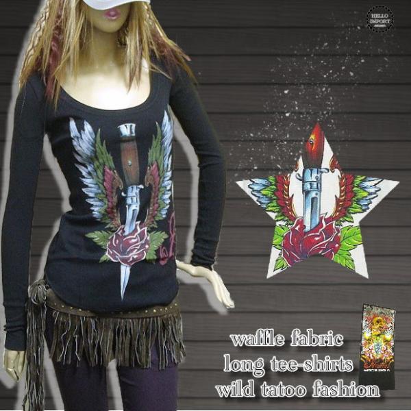 廃盤 薔薇＆剣柄 長袖Tシャツ ロンＴee レディース ファッション 服 ソード柄 ローズ 入手困難...