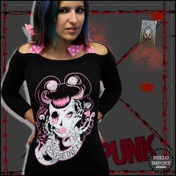 廃盤 パンク 服 ファッション グロかわ ホラー ゾンビ柄 7分袖 肩リボン Tシャツ tee レデ...