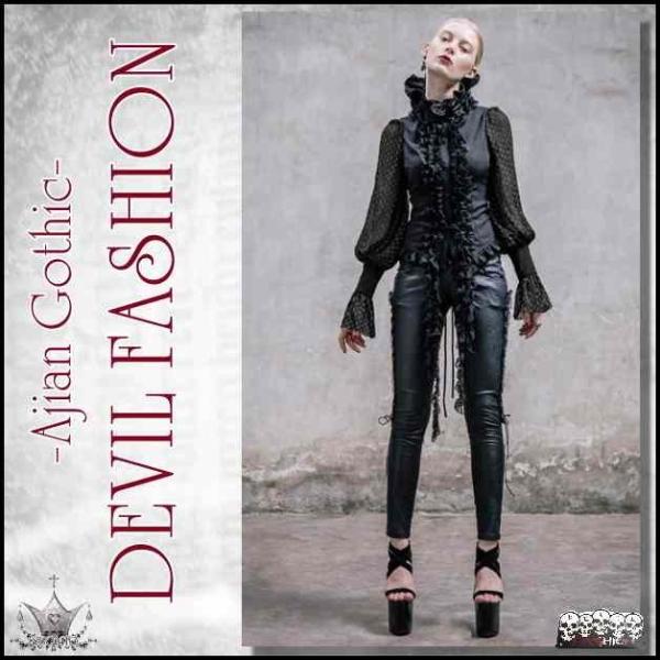 薔薇チョーカー付 立襟ブラウスシャツ ドット柄シースルー ゴシック 服 送料無料 黒 /wot214