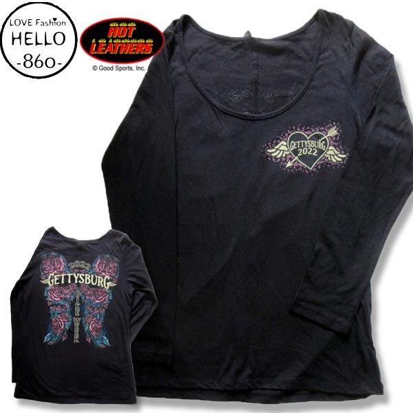ホットレザーズ ゲティスバーグ-バイクウィーク 2022 長袖ｔシャツ ローズ 羽根 プリント レデ...