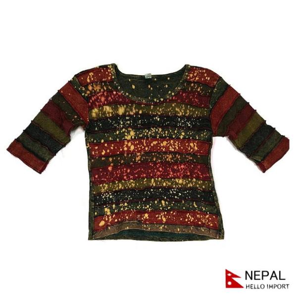 ネパール 半袖 Tシャツ tee ボーダー柄 クラッシュデザイン カットソー トップス  レディース...