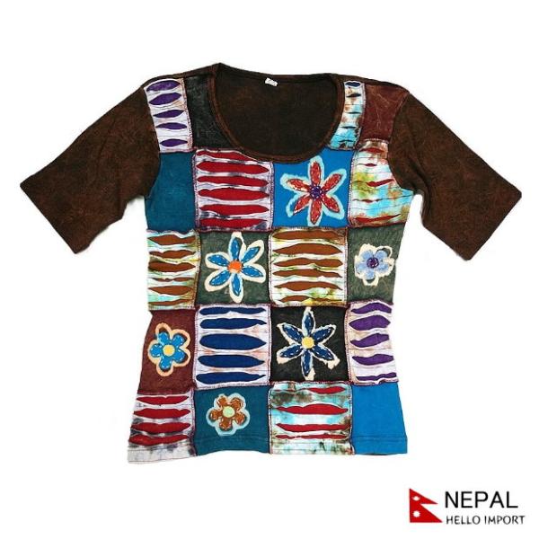 ネパール 半袖 Tシャツ tee クラッシュ×花柄 カットソー トップス  レディース  ファッショ...